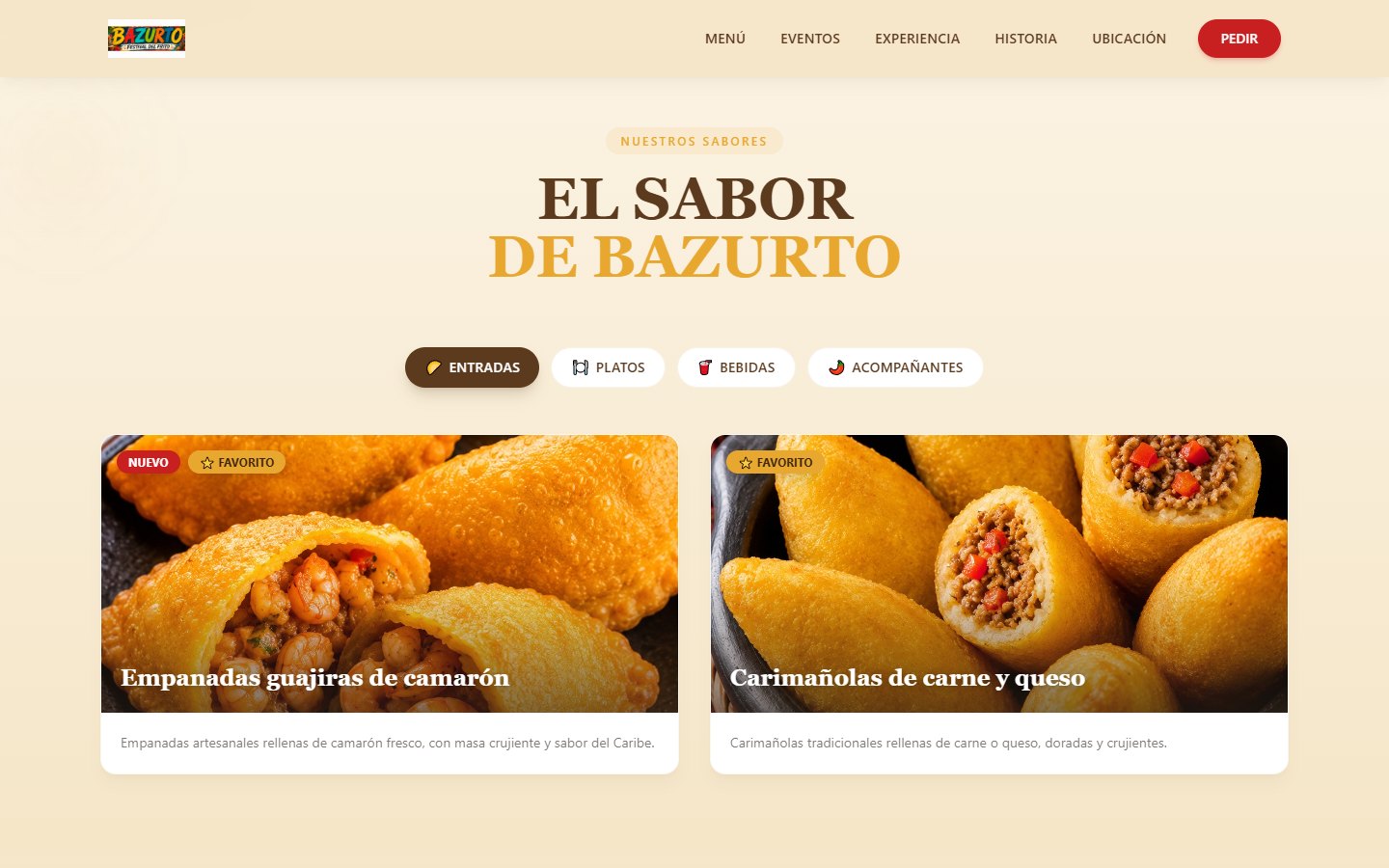 Menú de bazurtopitalito.com por categorías, con empanadas de camarón y carimañolas.