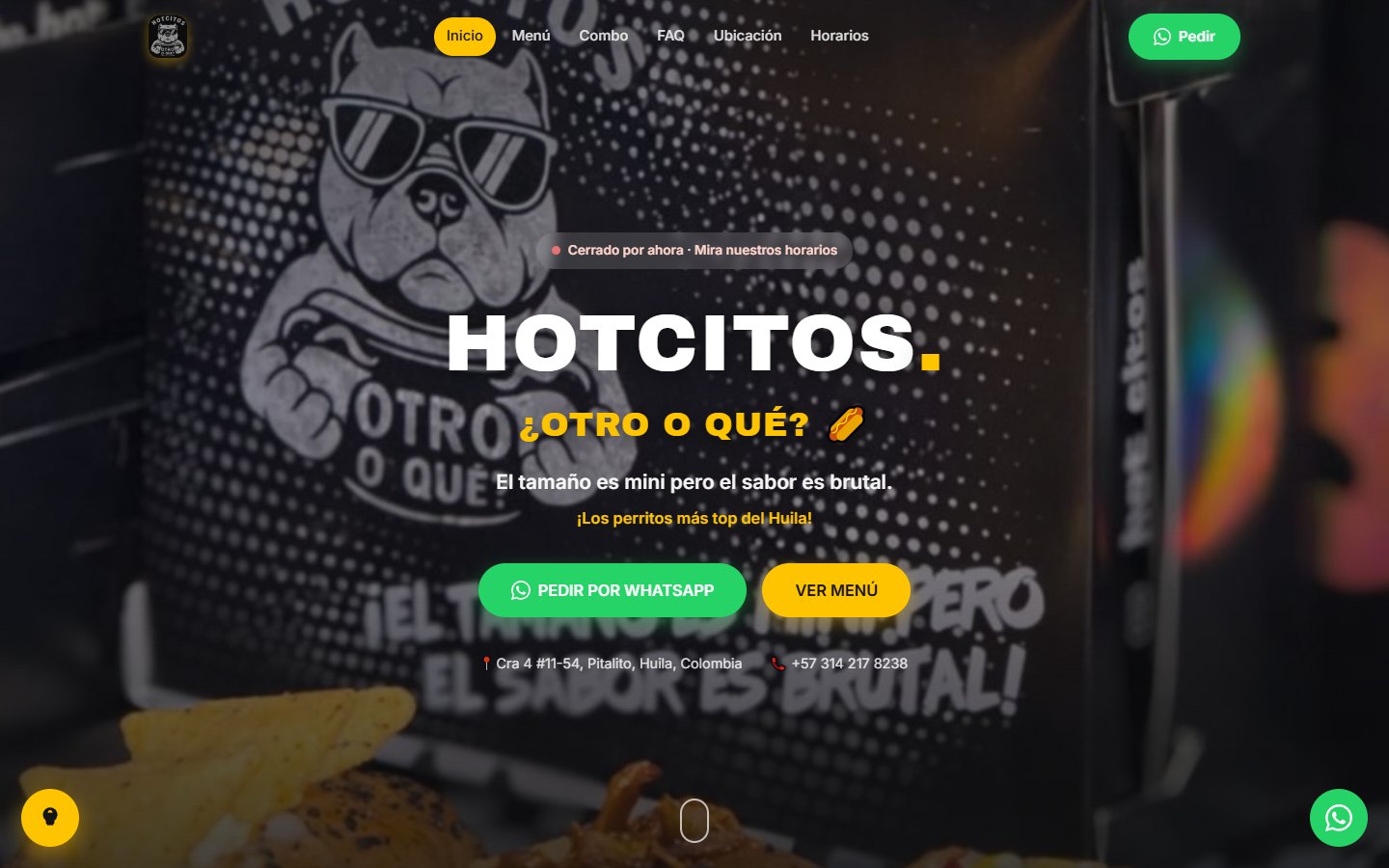 Portada de hotcitos.com: el nombre Hotcitos sobre una foto de la caja de mini perros, con botones para pedir por WhatsApp y ver el menú.