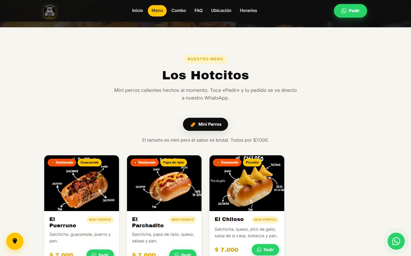 Menú de hotcitos.com con tres mini perros, sus ingredientes, el precio y un botón Pedir.